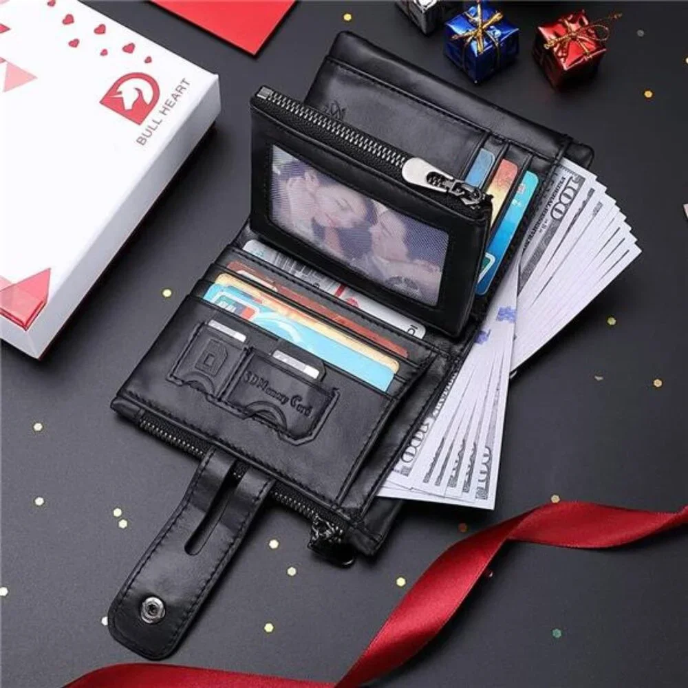 Mens Wallet with Chain Genuine Leather Purse RFID Blocking Bifold Double Zipper